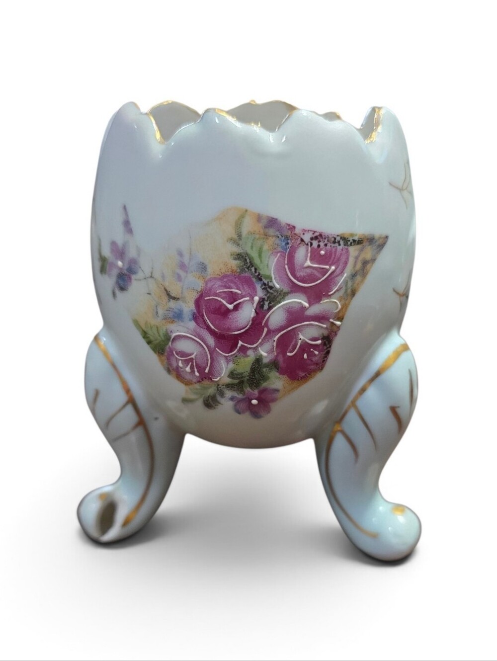 Vintage Inarco Porcelain Footed Vase Egg Pink Roses Gold Victorian Bridgerton
